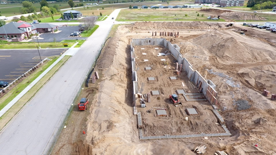Aerial view of a large-scale concrete foundation
