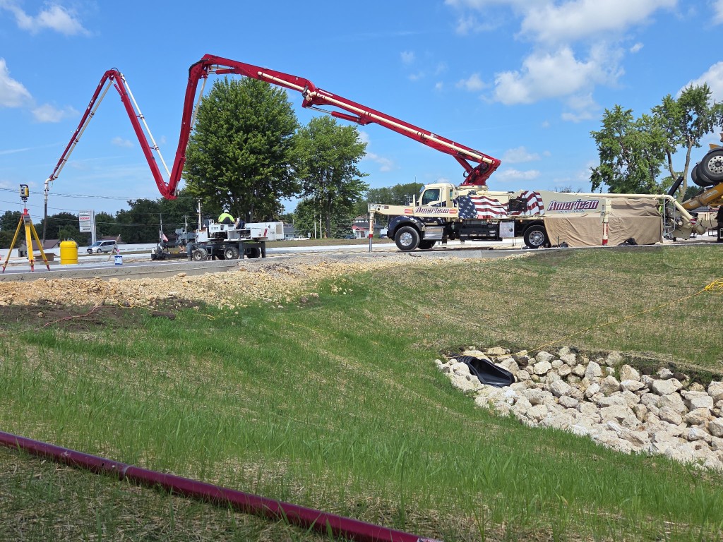 Concrete pump truck set up on a jobsite